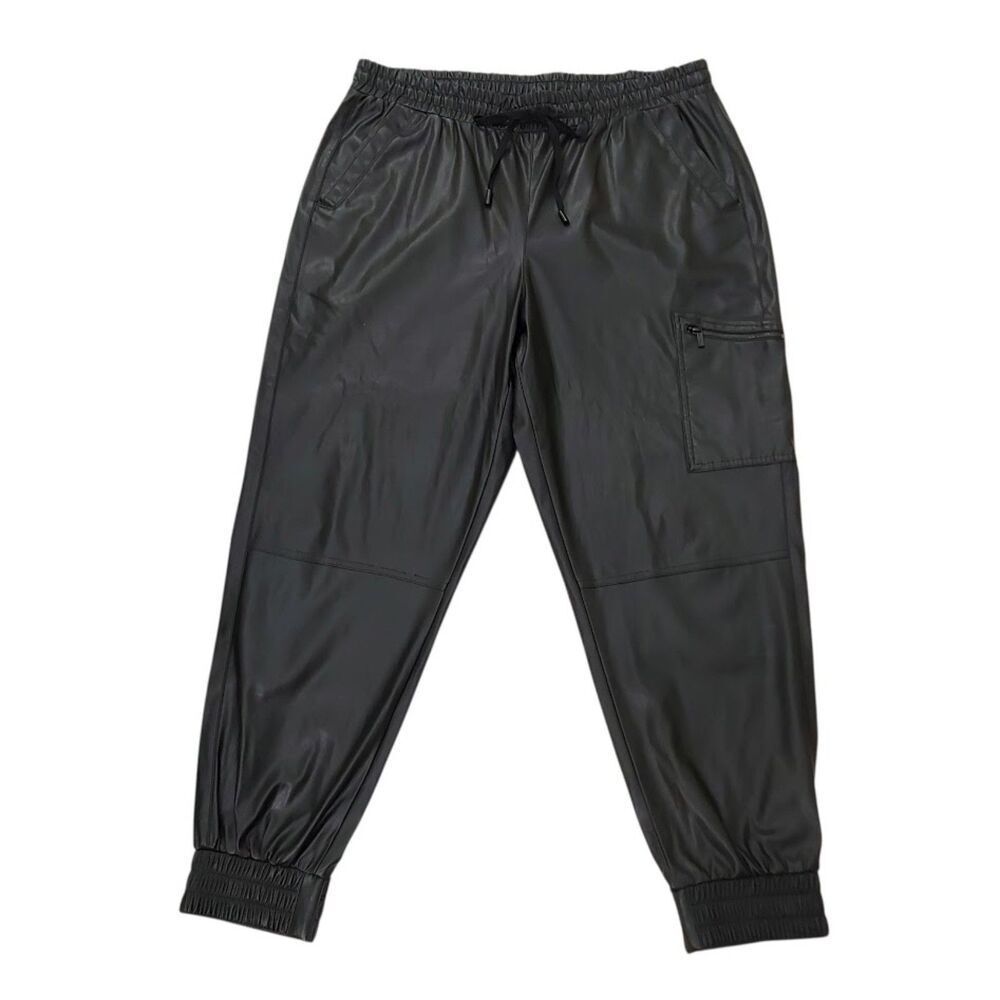 Karl Lagerfeld Womens XL Black Faux Leather Cargo Pocket Drawstring Jogger Pants